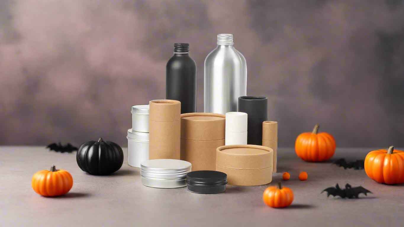 Collection of sustainable packaging surrounded by Halloween decor