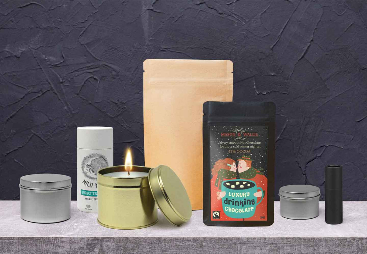 Collection of packaging in different materials and designs. 