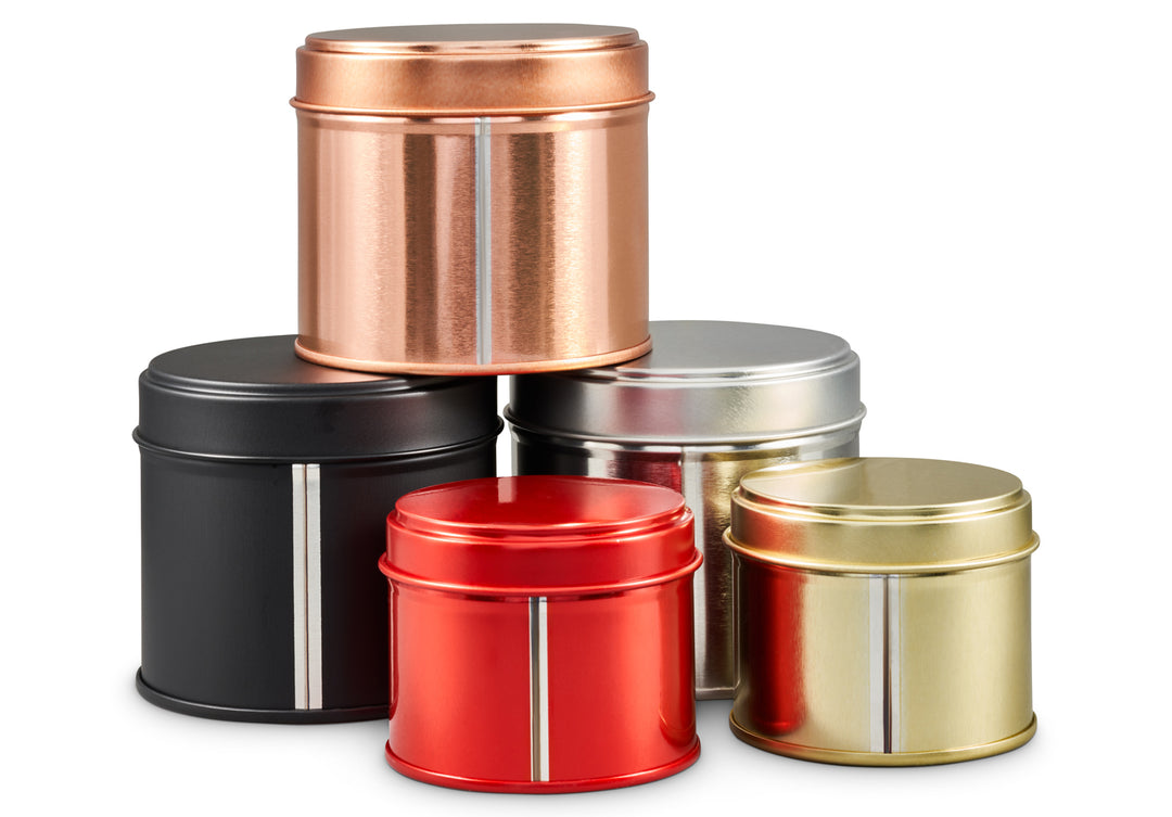 Round Welded Side Seam Tin in Red, Gold, Silver, Rose Gold Or Black T0876, image showing welded side seam- Tinware Direct