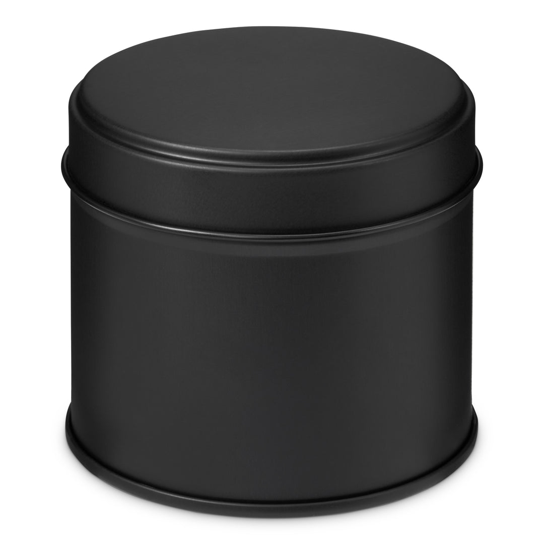 Large black tin with welded side seam on white background, product code: T0875